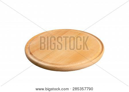 Empty Round Wooden Plate Isolated On White Background. Wood Plate For Food Or Vegetable Serving To C
