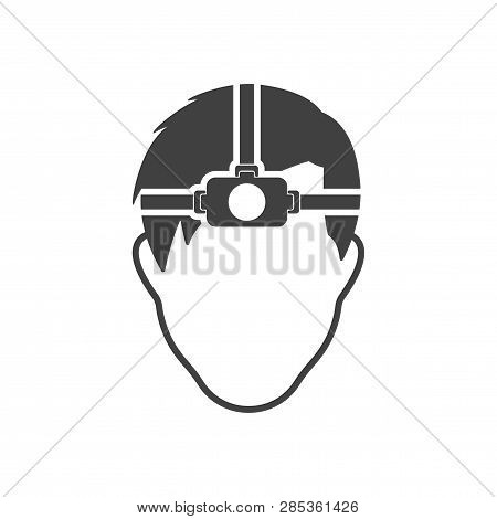The Mans Face With A Flashlight On His Forehead. Vector On White Background.