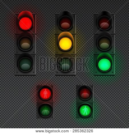 Traffic Lights Realistic Transparent Icon Set With Traffic Light For Pedestrians And Different Other