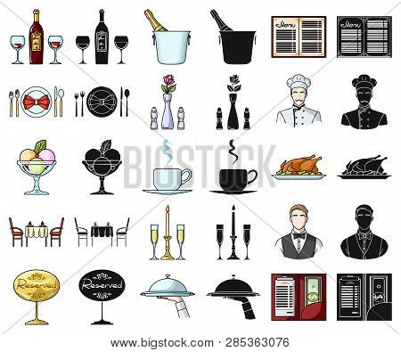 Restaurant And Bar Cartoon, Black Icons In Set Collection For Design. Pleasure, Food And Alcohol Vec