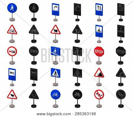 Different Types Of Road Signs Cartoon, Black Icons In Set Collection For Design. Warning And Prohibi