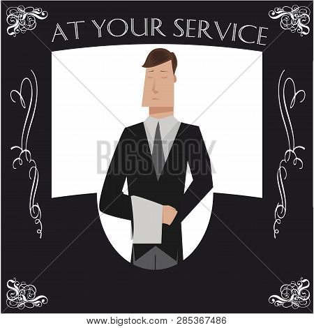 Black And White Butler Poster With Cartoon Butler And Typography At Your Service