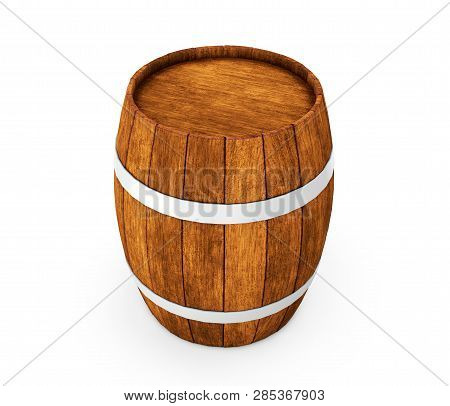 Wooden Barrel With Iron Hoops Isolated On White Background. 3d Rendering. Old Barrel With Rust On Th
