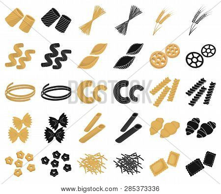 Types Of Pasta Cartoon, Black Icons In Set Collection For Design. Figured Macaroni For Eating Vector