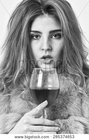 Reasons To Drink Red Wine In Wintertime. Girl Fashion Makeup Wear Fur Coat Hold Wine Glass. Woman Dr