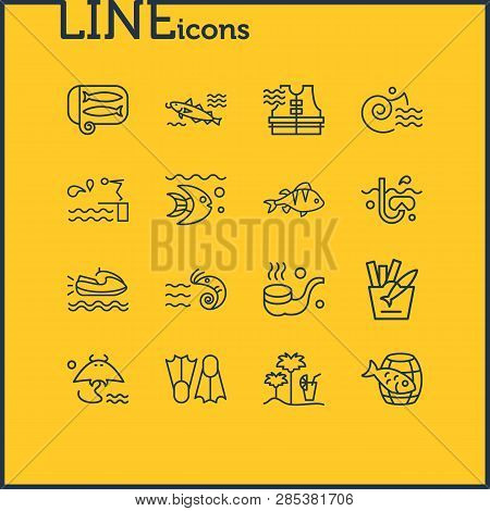Vector Illustration Of 16 Sea Icons Line Style. Editable Set Of Island Bar, Seashell, Cod Fish Icon 