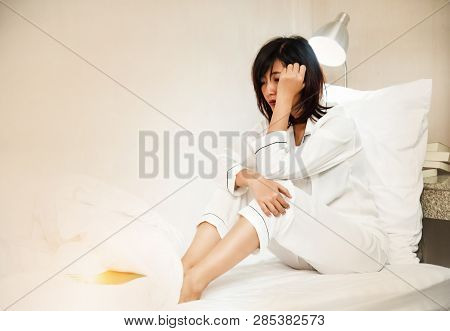 The Stress Woman Sitting On Bed,sleepless,unhappy Feeling,the Drepressive Disorder Syndrome