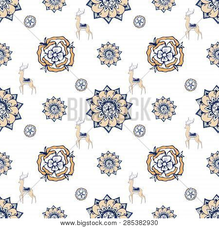 Fractal Blue Flowers And Antilopa. An Elegant Bright Illustration With Flowers. India Style. Pattern