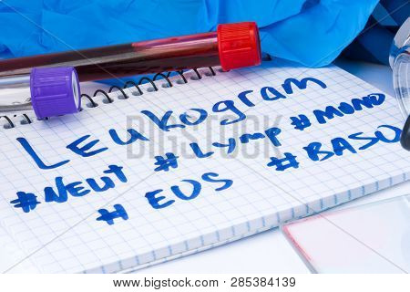 Leukogram Count Procedure Of Leukocytes Or White Blood Cell Test. Laboratory Test Tubes With Blood, 