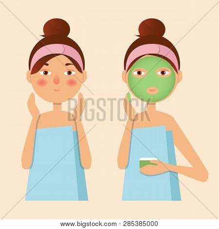 Beautiful Girl Inflicts A Mask Of Clay Or Cream On The Face. Beauty, Body Care Concept. Vector Illus