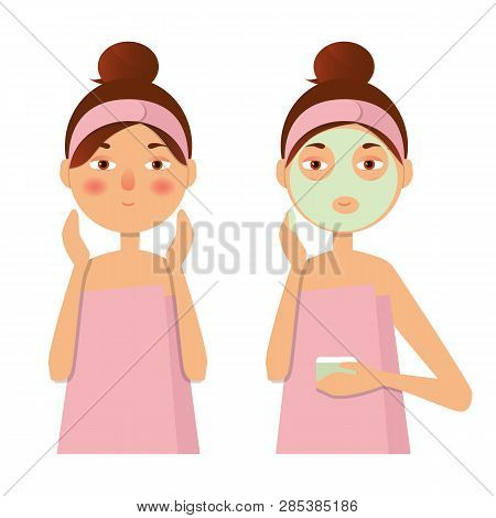 Beautiful Girl Inflicts A Mask Of Clay Or Cream On The Face. Beauty, Body Care Concept. Vector Illus