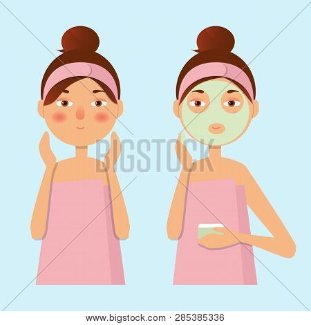 Beautiful Girl Inflicts A Mask Of Clay Or Cream On The Face. Beauty, Body Care Concept. Vector Illus