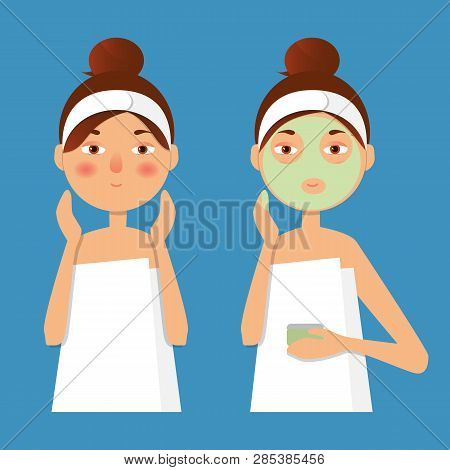 Beautiful Girl Inflicts A Mask Of Clay Or Cream On The Face. Beauty, Body Care Concept. Vector Illus