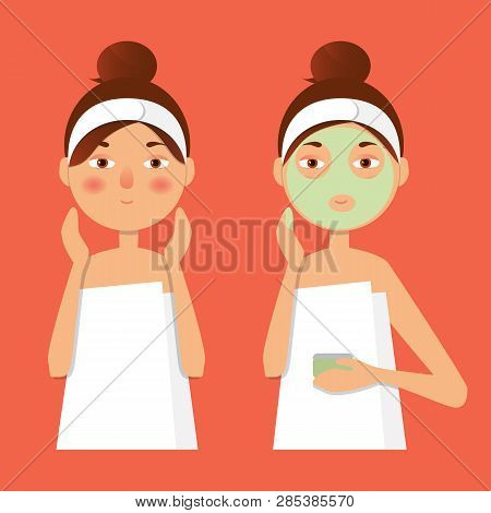 Beautiful Girl Inflicts A Mask Of Clay Or Cream On The Face. Beauty, Body Care Concept. Vector Illus