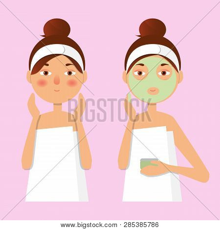 Beautiful Girl Inflicts A Mask Of Clay Or Cream On The Face. Beauty, Body Care Concept. Vector Illus