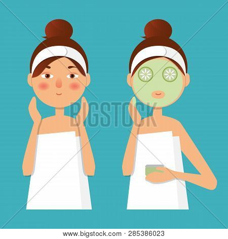 Beautiful Girl Inflicts A Mask Of Clay Or Cream On The Face. Beauty, Body Care Concept. Vector Illus