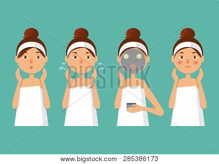 Vector Illustration. Beautiful Girl Inflicts A Mask Of Clay Or Cream On The Face. Beauty, Body Care