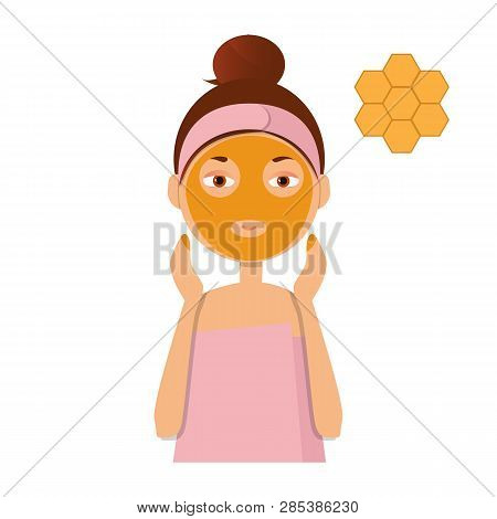 Beautiful Girl Inflicts A Mask Of Clay Or Cream On The Face. Beauty, Body Care Concept. Vector Illus