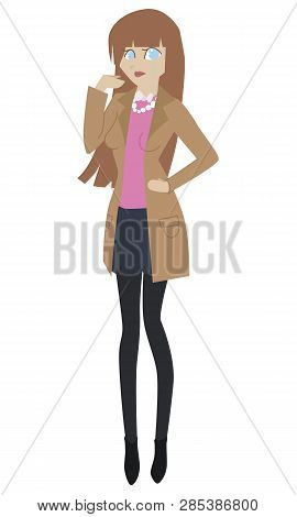 Image Of A Young Succes Full Business Woman With Brown Jacket , Skirt And A Pearl Neckless