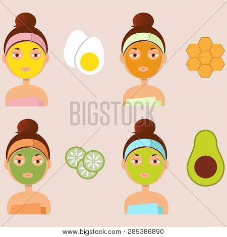 Vector Illustration. Beautiful Girl Inflicts A Mask Of Clay Or Cream On The Face. Beauty, Body Care 