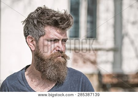 Sadness And Problems Concept. Man With Beard And Mustache Looks Not Fresh. Hipster With Beard Looks 