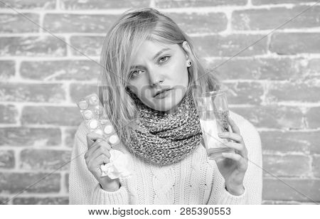 Breaking Fever Concept. Girl Take Medicine To Break Fever. Headache And Fever Remedies. Woman Sick P