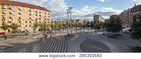 Copenhagen, Denmark - October 4, 2014: Panoramic View Of Superkilen Park In Norrebro District. Desig
