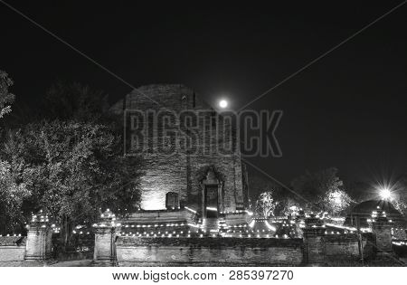 Candlelight Procession On Buddhist Day At Mahaeyong Temple In Thailand