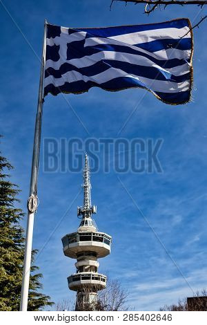 Greek Flag And Ote Tower Landmark