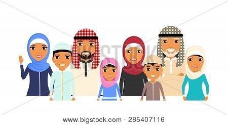 Large Family Of Ethnic Arabs. Portrait Style. Grandmother, Grandfather, Mother, Father, Brothers And