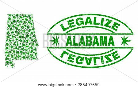 Vector Cannabis Alabama State Map Mosaic And Grunge Textured Legalize Stamp Seal. Concept With Green