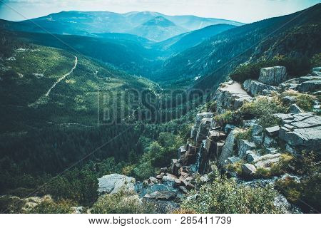 Scenic Sight Of Czech Giant Mountains Valley And Pancavsky Waterfall At Summer