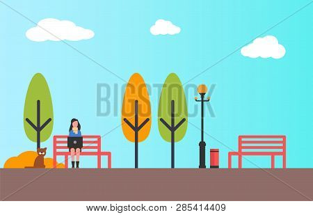 Autumn People In Flat Style. Woman Freelancer Working On Laptop, Color Trees, Lantern Lamps, Benches