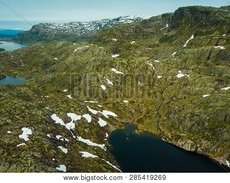Aerial View. Lakes In Stone Rocky Mountains. Norway Landscape. Norwegian National Tourist Scenic Rou