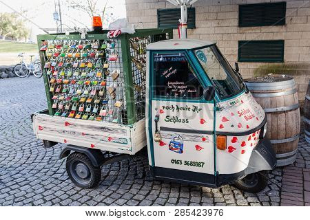 Cologne, Germany - February 16, 2019: Vintage Car With Love Lockers, Which Are Used For The Hohenzol