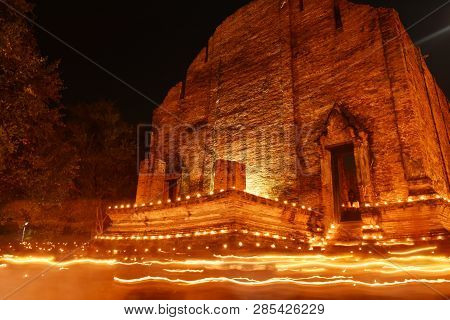Candlelight Procession On Buddhist Day At Mahaeyong Temple In Thailand