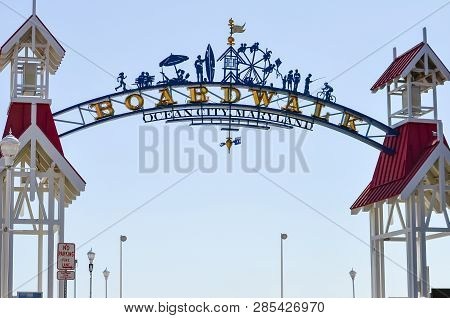 Ocean City, Maryland - April 3, 2018: Arch And Welcome Sign To The Ocean City Boardwalk On A Sunny D