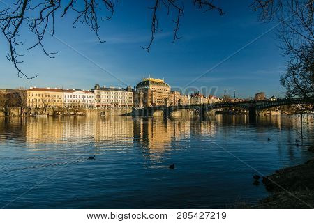 Prague, Czech Republic / Europe - February 15 2019: Scenic View Of The National Theatre And Bridge O