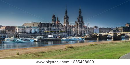 Cityscape Of Dresden At Elbe River And Augustus Bridge, Dresden, Saxony, Germany