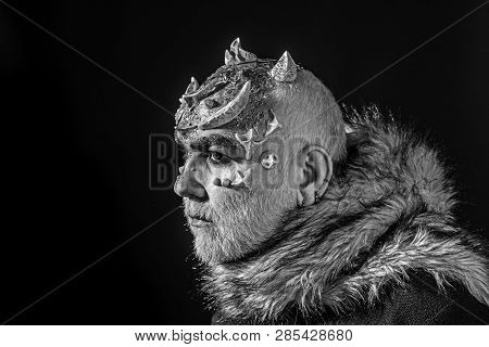 Alien, Demon, Sorcerer Makeup. Demon On Black Background, Copy Space. Theatrical Makeup Concept. Sen