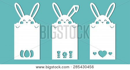 Easter Cards With Bunnies. A Set Of Templates For Paper Cutting, Laser Cutting Or Plotter. Vector.