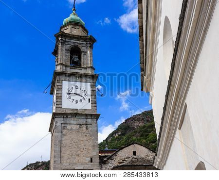 Carema,italy- September,2018:  Bell Tower Of The Parish Church Of San Martino  Dedicated To The Bish