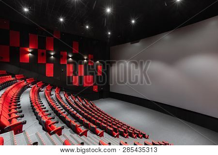 Russia, Nizhny Novgorod - November 14, 2016: Cinema Imperia Grez Nebo, Dolby Atmos. Empty Red Cinema