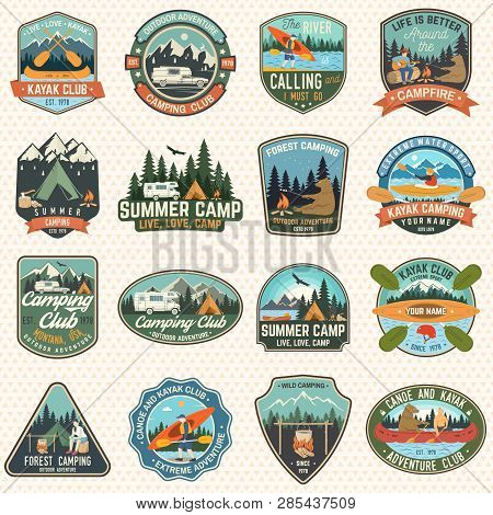Set Of Camp And Kayak Club Badges Vector. Concept For Patch, Shirt, Print. Vintage Design With Campi