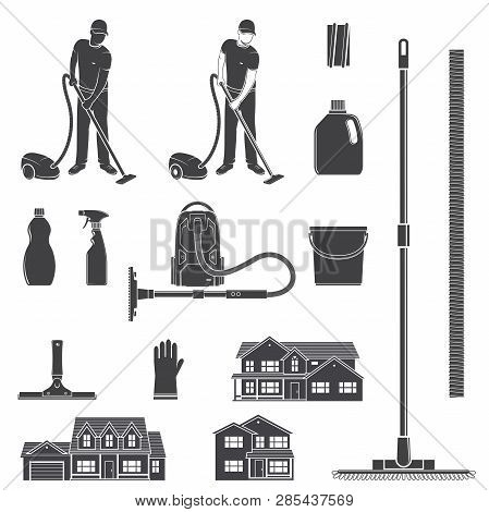 Cleaning Icon Silhouette For Emblems , Badge And Labels. Set Include Man With Vocuum Cleaner, Eguipm