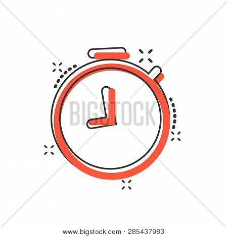 Vector Cartoon Clock Timer Icon In Comic Style. Time Alarm Concept Illustration Pictogram. Stopwatch