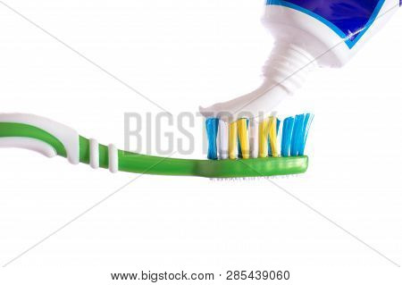 Toothbrush Squeezed On Toothbrush Toothpaste White Background