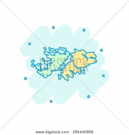 Vector Cartoon Falkland Islands Map Icon In Comic Style. Falkland Islands Sign Illustration Pictogra