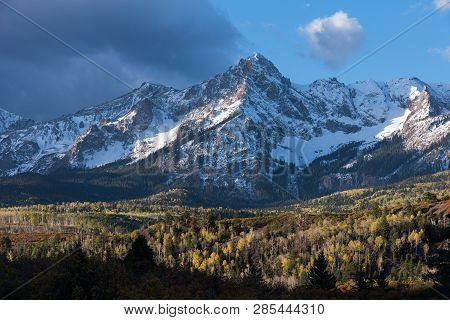 Mount Sneffels In An Early Morning Autumn In South Western Colorado After A Snowstorm.