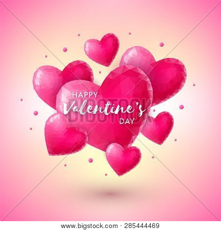 Valentines Day Banner With Pink Origami Hearts On Colorful Gradient Background. Low-poly Style Vecto